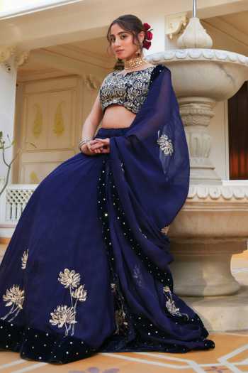 Pomcha Jaipur_Blue Organza Sweetheart Neck Mehfil Neela Ruh Pitta Hand Work Lehenga Set _Online