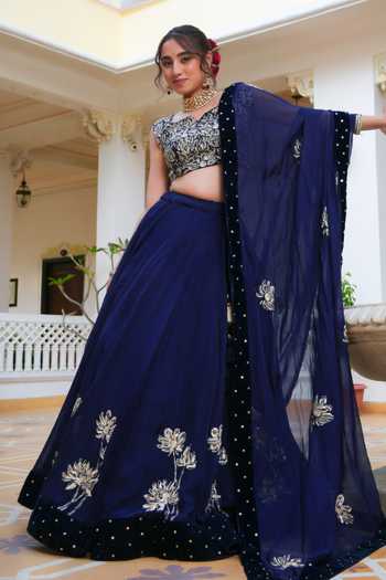Shop_Pomcha Jaipur_Blue Organza Sweetheart Neck Mehfil Neela Ruh Pitta Hand Work Lehenga Set _Online