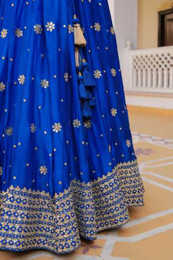 Buy_Pomcha Jaipur_Blue Silk V-neck Mehfil Ruhani Neel Zari Gota Patti Work Lehenga Set _Online_at_Aza_Fashions