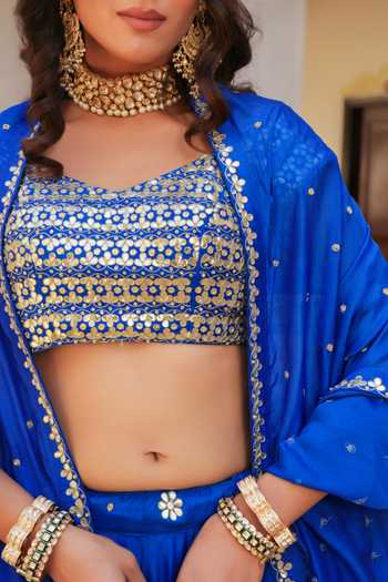 Shop_Pomcha Jaipur_Blue Silk V-neck Mehfil Ruhani Neel Zari Gota Patti Work Lehenga Set _Online_at_Aza_Fashions