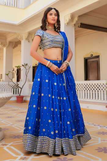 Pomcha Jaipur_Blue Silk V-neck Mehfil Ruhani Neel Zari Gota Patti Work Lehenga Set _at_Aza_Fashions