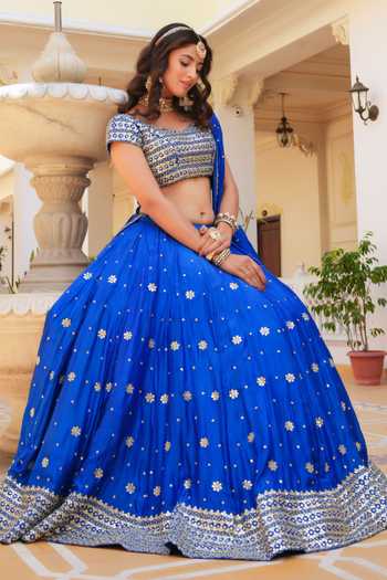 Buy_Pomcha Jaipur_Blue Silk V-neck Mehfil Ruhani Neel Zari Gota Patti Work Lehenga Set 