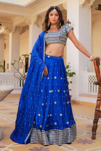 Shop_Pomcha Jaipur_Blue Silk V-neck Mehfil Ruhani Neel Zari Gota Patti Work Lehenga Set 