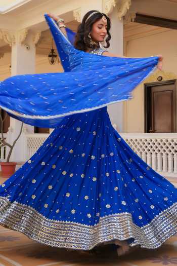 Pomcha Jaipur_Blue Silk V-neck Mehfil Ruhani Neel Zari Gota Patti Work Lehenga Set _Online