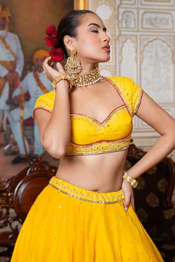 Shop_Pomcha Jaipur_Yellow Organza Sweetheart Neck Mehfil Marigold Sequin Zari Hand Work Lehenga Set _Online_at_Aza_Fashions