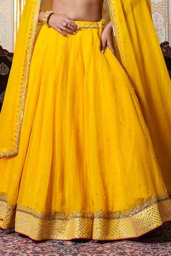 Pomcha Jaipur_Yellow Organza Sweetheart Neck Mehfil Marigold Sequin Zari Hand Work Lehenga Set _at_Aza_Fashions