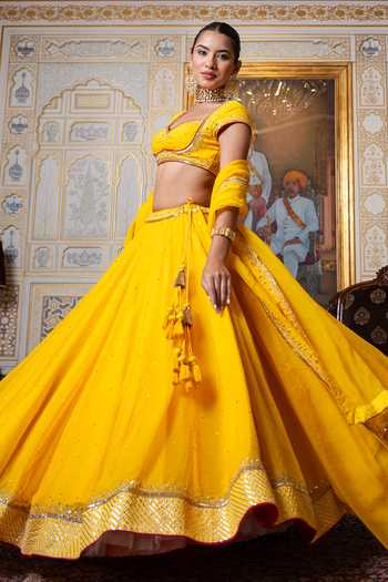 Shop_Pomcha Jaipur_Yellow Organza Sweetheart Neck Mehfil Marigold Sequin Zari Hand Work Lehenga Set 