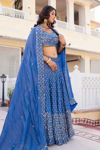 Shop_Pomcha Jaipur_Blue Silk V-neck Mehfil Neel Noor Taari Karigari Lehenga Set _Online_at_Aza_Fashions