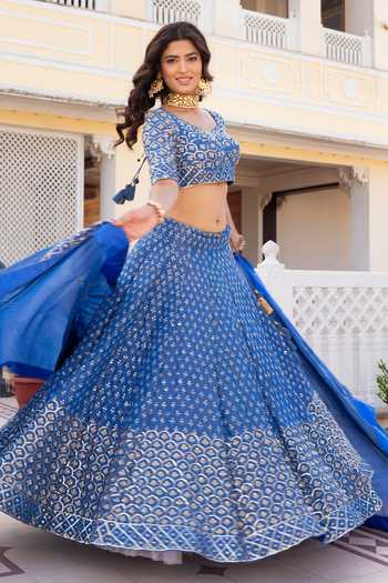 Shop_Pomcha Jaipur_Blue Silk V-neck Mehfil Neel Noor Taari Karigari Lehenga Set 