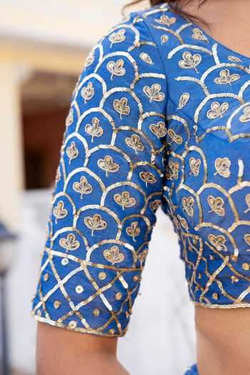 Pomcha Jaipur_Blue Silk V-neck Mehfil Neel Noor Taari Karigari Lehenga Set _Online