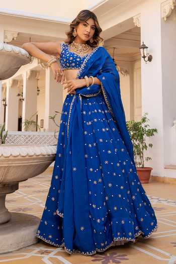 Shop_Pomcha Jaipur_Blue Organza Sweetheart Neck Mehfil Surmai Neel Zari Dabka Work Lehenga Set _Online_at_Aza_Fashions