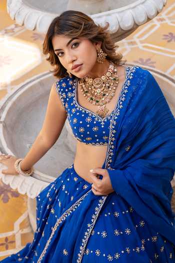Pomcha Jaipur_Blue Organza Sweetheart Neck Mehfil Surmai Neel Zari Dabka Work Lehenga Set _at_Aza_Fashions