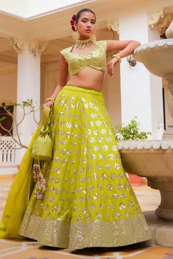 Shop_Pomcha Jaipur_Green Silk, Dupion, Organza Mehfil Hariyali Shisha Hand Work Lehenga Set _Online_at_Aza_Fashions