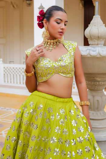 Shop_Pomcha Jaipur_Green Silk, Dupion, Organza Mehfil Hariyali Shisha Hand Work Lehenga Set 