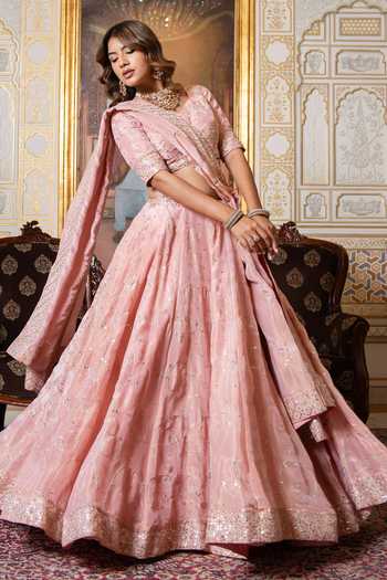 Buy_Pomcha Jaipur_Pink Silk Sweetheart Neck Mehfil Gulabi Gota Patti Embroidered Lehenga Set _Online_at_Aza_Fashions