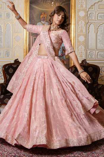 Shop_Pomcha Jaipur_Pink Silk Sweetheart Neck Mehfil Gulabi Gota Patti Embroidered Lehenga Set _Online_at_Aza_Fashions