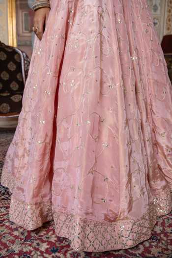Pomcha Jaipur_Pink Silk Sweetheart Neck Mehfil Gulabi Gota Patti Embroidered Lehenga Set _at_Aza_Fashions
