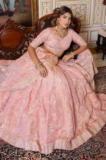 Shop_Pomcha Jaipur_Pink Silk Sweetheart Neck Mehfil Gulabi Gota Patti Embroidered Lehenga Set 