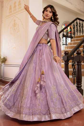 Buy_Pomcha Jaipur_Purple Silk Square Neck Mehfil Komal Tube Light Handwork Lehenga Set _Online_at_Aza_Fashions