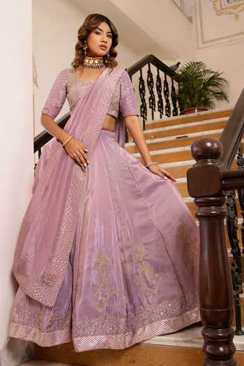 Shop_Pomcha Jaipur_Purple Silk Square Neck Mehfil Komal Tube Light Handwork Lehenga Set _Online_at_Aza_Fashions