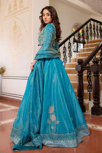Pomcha Jaipur_Blue Silk Square Neck Mehfil Firozi Mehar Tube Light Work Lehenga Set _Online_at_Aza_Fashions