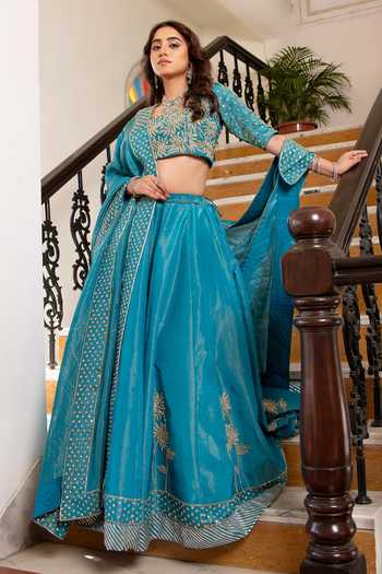 Buy_Pomcha Jaipur_Blue Silk Square Neck Mehfil Firozi Mehar Tube Light Work Lehenga Set _Online_at_Aza_Fashions