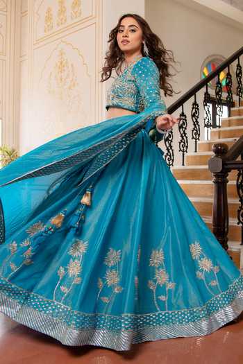 Shop_Pomcha Jaipur_Blue Silk Square Neck Mehfil Firozi Mehar Tube Light Work Lehenga Set _Online_at_Aza_Fashions