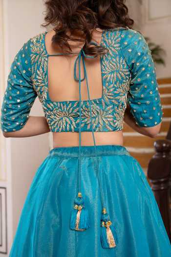 Buy_Pomcha Jaipur_Blue Silk Square Neck Mehfil Firozi Mehar Tube Light Work Lehenga Set 