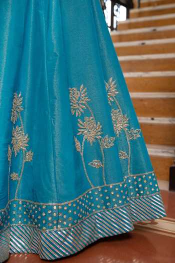 Shop_Pomcha Jaipur_Blue Silk Square Neck Mehfil Firozi Mehar Tube Light Work Lehenga Set 