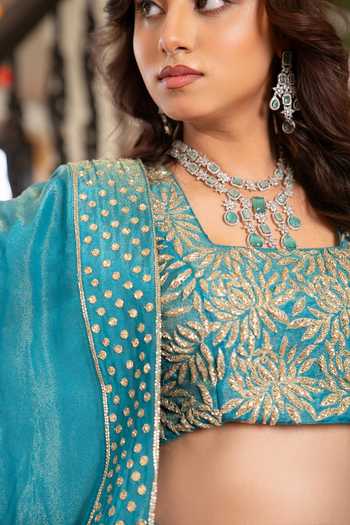 Pomcha Jaipur_Blue Silk Square Neck Mehfil Firozi Mehar Tube Light Work Lehenga Set _Online