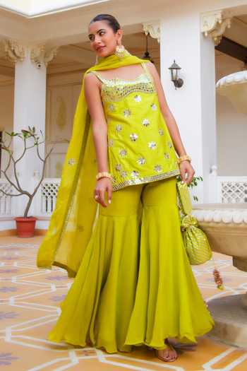 Buy_Pomcha Jaipur_Green Silk, Dupion, Organza Mehfil Noor E Tota Mirror Work Kurta Sharara Set _Online_at_Aza_Fashions