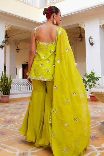 Shop_Pomcha Jaipur_Green Silk, Dupion, Organza Mehfil Noor E Tota Mirror Work Kurta Sharara Set _at_Aza_Fashions