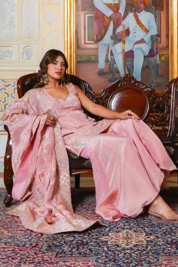 Pomcha Jaipur_Pink Silk Round Neck, Yes Mehfil Gota Patti Hand Embroidered Sharara Set _at_Aza_Fashions