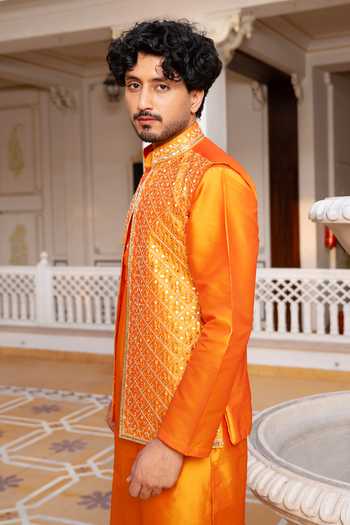 Pomcha Jaipur_Orange Taffeta Narangi Sheesh Work Nehru Jacket And Kurta Set _Online_at_Aza_Fashions