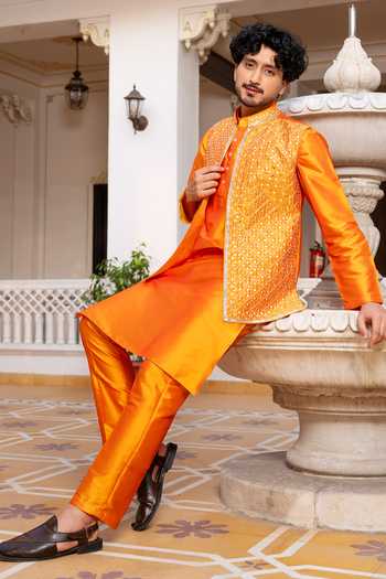 Buy_Pomcha Jaipur_Orange Taffeta Narangi Sheesh Work Nehru Jacket And Kurta Set _Online_at_Aza_Fashions