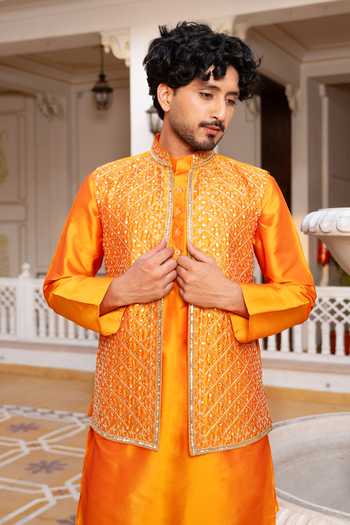 Shop_Pomcha Jaipur_Orange Taffeta Narangi Sheesh Work Nehru Jacket And Kurta Set _Online_at_Aza_Fashions
