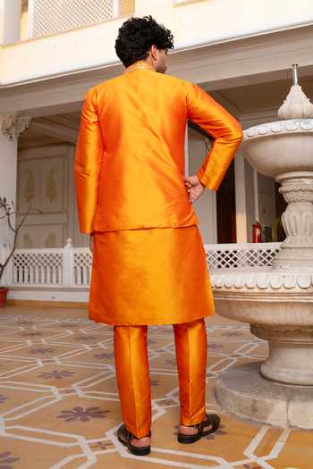 Shop_Pomcha Jaipur_Orange Taffeta Narangi Sheesh Work Nehru Jacket And Kurta Set _at_Aza_Fashions