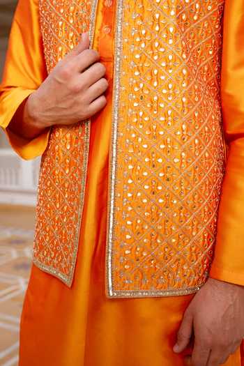 Pomcha Jaipur_Orange Taffeta Narangi Sheesh Work Nehru Jacket And Kurta Set _at_Aza_Fashions