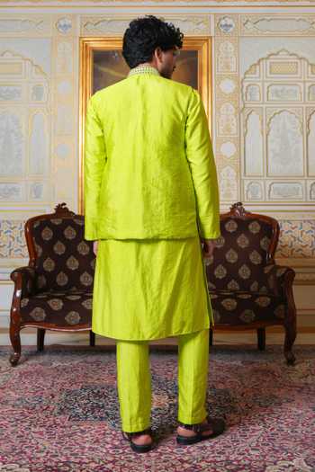 Shop_Pomcha Jaipur_Green Silk, Dupion Mirror Work Nehru Jacket And Kurta Set _at_Aza_Fashions
