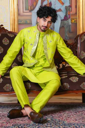 Pomcha Jaipur_Green Silk, Dupion Mirror Work Nehru Jacket And Kurta Set _Online_at_Aza_Fashions