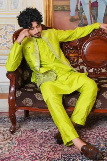 Shop_Pomcha Jaipur_Green Silk, Dupion Mirror Work Nehru Jacket And Kurta Set _Online_at_Aza_Fashions