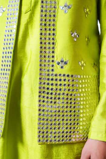 Pomcha Jaipur_Green Silk, Dupion Mirror Work Nehru Jacket And Kurta Set _at_Aza_Fashions