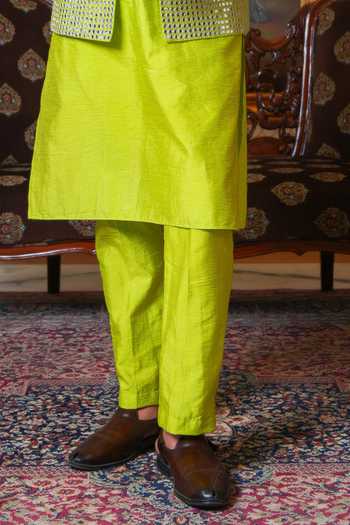 Buy_Pomcha Jaipur_Green Silk, Dupion Mirror Work Nehru Jacket And Kurta Set 