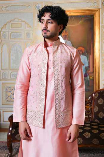 Buy_Pomcha Jaipur_Pink Taffeta Zardozi Hand Work Nehru Jacket And Kurta Set _Online_at_Aza_Fashions