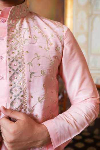 Shop_Pomcha Jaipur_Pink Taffeta Zardozi Hand Work Nehru Jacket And Kurta Set _Online_at_Aza_Fashions
