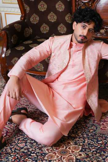 Buy_Pomcha Jaipur_Pink Taffeta Zardozi Hand Work Nehru Jacket And Kurta Set 