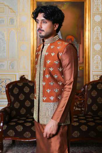 Pomcha Jaipur_Brown Taffeta Mirror Hand Work Nehru Jacket And Kurta Set _Online_at_Aza_Fashions
