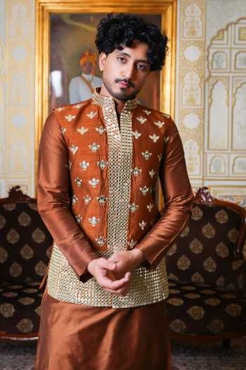 Buy_Pomcha Jaipur_Brown Taffeta Mirror Hand Work Nehru Jacket And Kurta Set _Online_at_Aza_Fashions