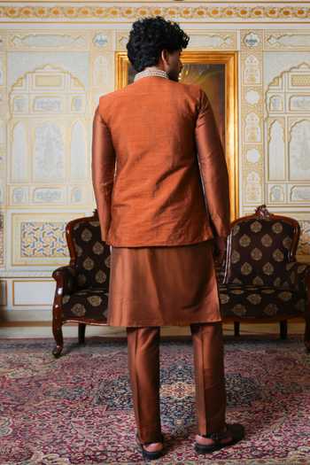 Shop_Pomcha Jaipur_Brown Taffeta Mirror Hand Work Nehru Jacket And Kurta Set _at_Aza_Fashions