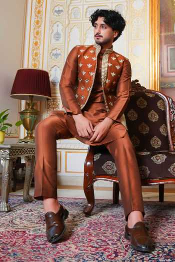 Shop_Pomcha Jaipur_Brown Taffeta Mirror Hand Work Nehru Jacket And Kurta Set _Online_at_Aza_Fashions